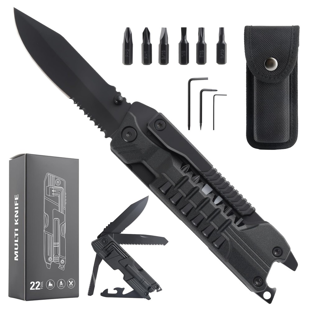 Multitool Knife with Nylon Pouch, 22 in 1 EDC Multi Tools with Fire Starting ...