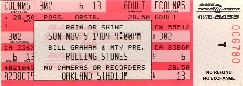 THE ROLLING STONES NOV. 5, 1989 OAKLAND STADIUM CONCERT UNUSED TICKET / NM 2 MNT