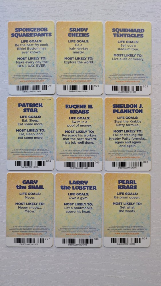 Dave & Busters SpongeBob Arcade Game Complete Set 9 Cards Barcoded