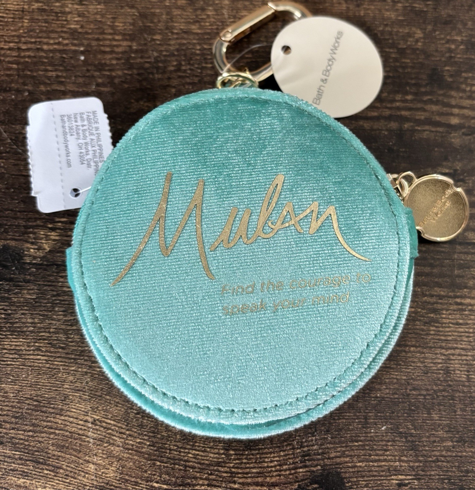 Mulan Bath & Body Works Velvet Round Coin Pouch Purse Aqua with Gold Embroidery