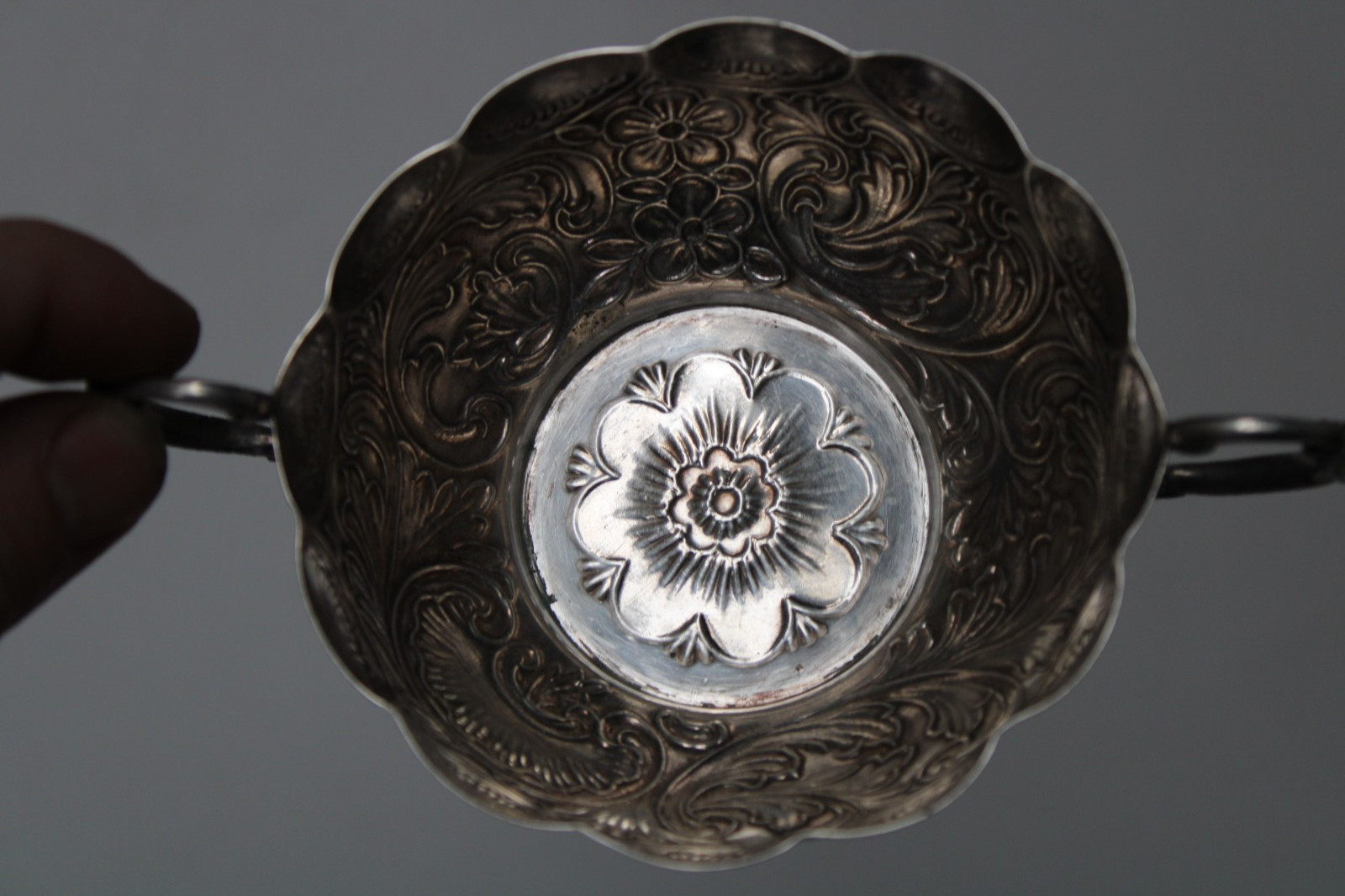 Antique 19th Century Silver Portuguese Bernegal Repousse Handled Religious Cup