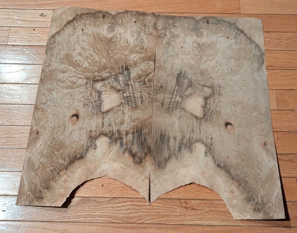 Myrtlewood burl veneer 2 pieces 18 1/4" x 11 5/8" each wood 1/42" raw