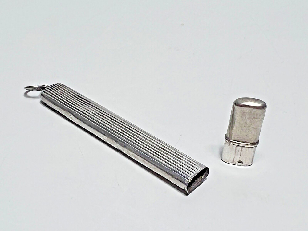 1900s Antique Austria Sterling Silver Chatelaine Sewing Needle Case Striped Box