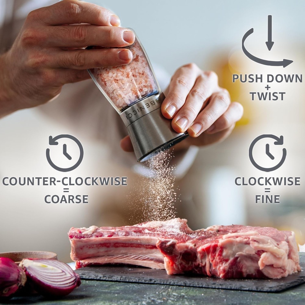 Refillable Manual Salt and Pepper Grinders Set - Adjustable Coarseness Control