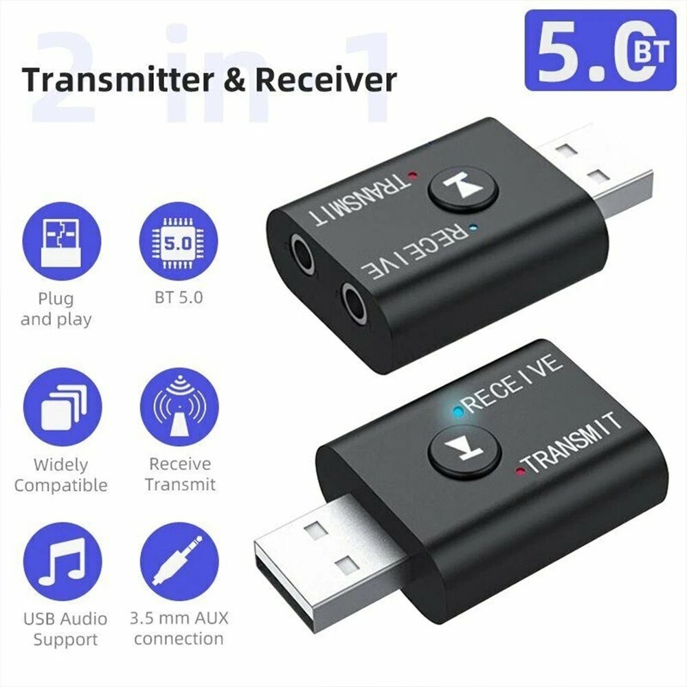 Bluetooth 5.0 2in1 Transmitter Receiver Car Wireless Audio Adapter USB 3.5mm lot