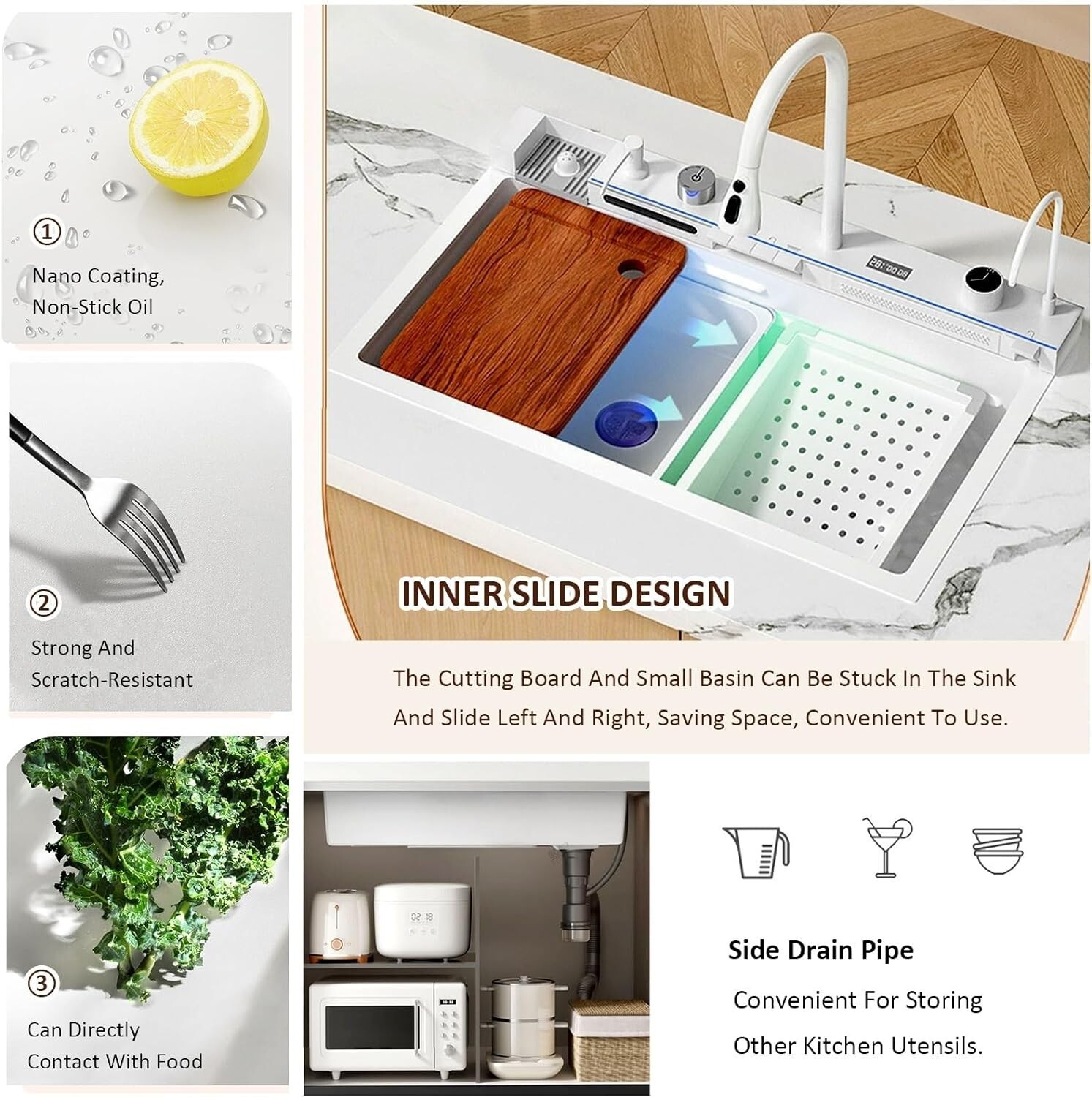 White Flying Rain Waterfall Kitchen Sink Integrated w Pull-Out Tap Set 29.5 INCH