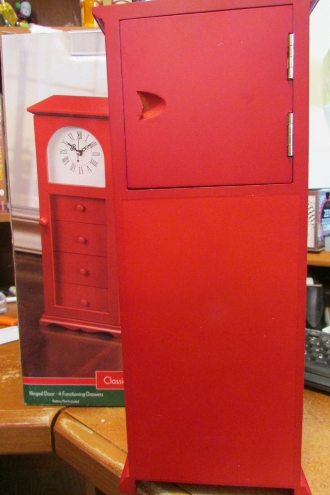 13" Classic Table Clock Hinged Door Functioning Jewelry Drawers Tower Design NIB
