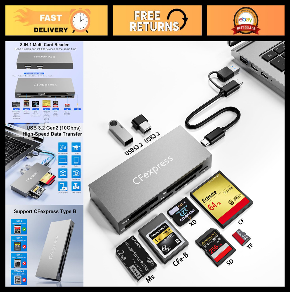 8-in-1 CFexpress Type B Card Reader Hub, USB 3.2 Gen 2, Multi-Format Support, 10