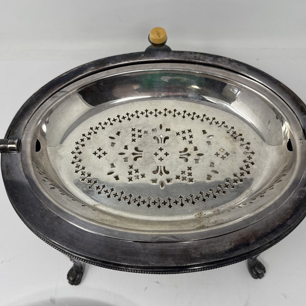 Vintage Silverplate Roll Top Covered Serving Dish Chafing Dual Insert Footed