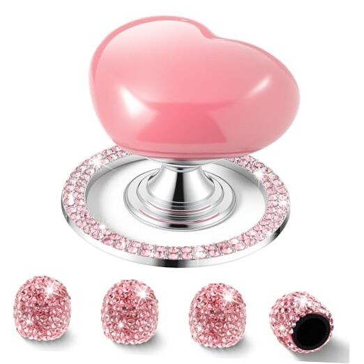 Push Start Button Cover, Ceramic Heart Button, Bling Crystal Ring, 4-Pack Pink