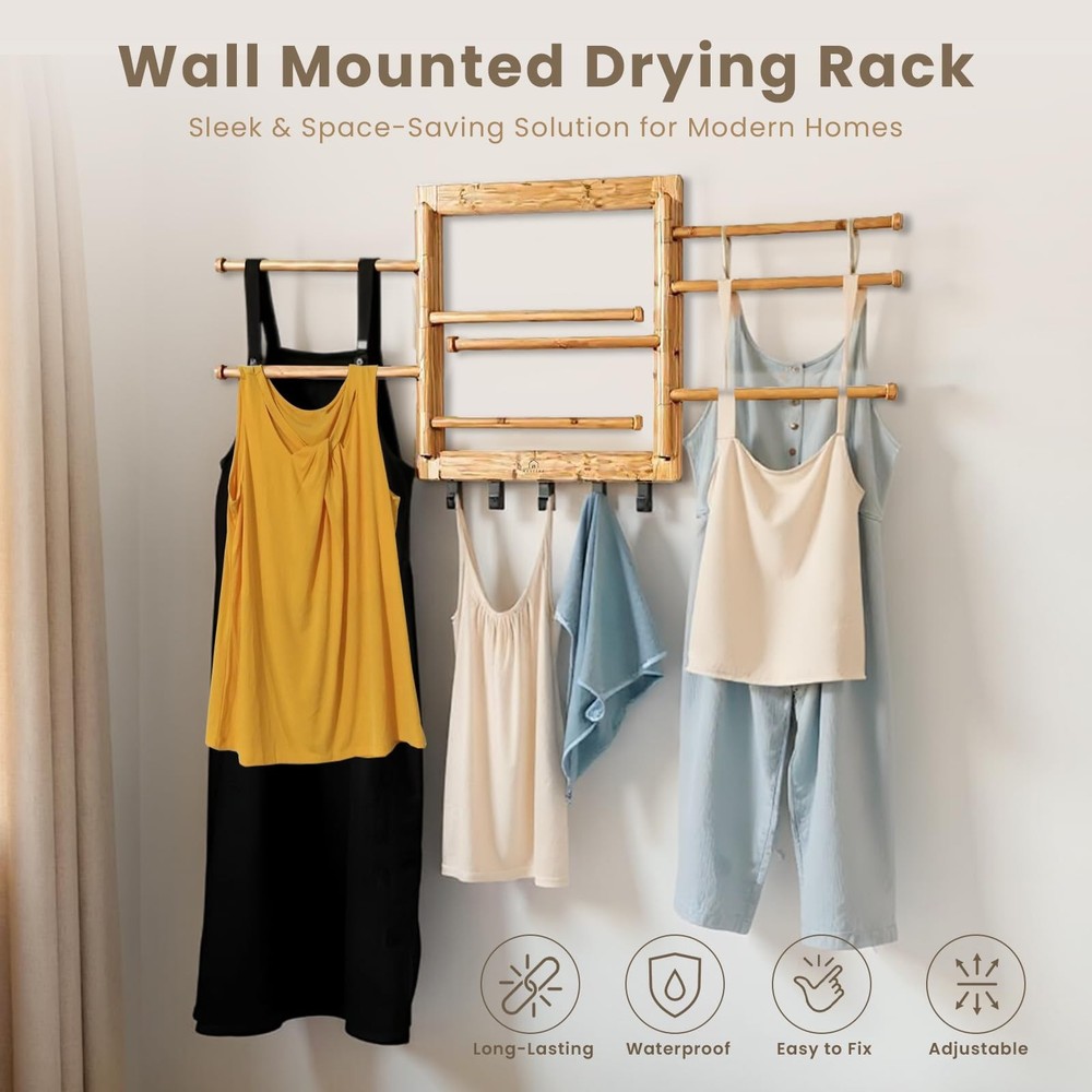 Bamboo Wall Mount Drying Rack for Laundry – Collapsible Foldable Clothes Drye...