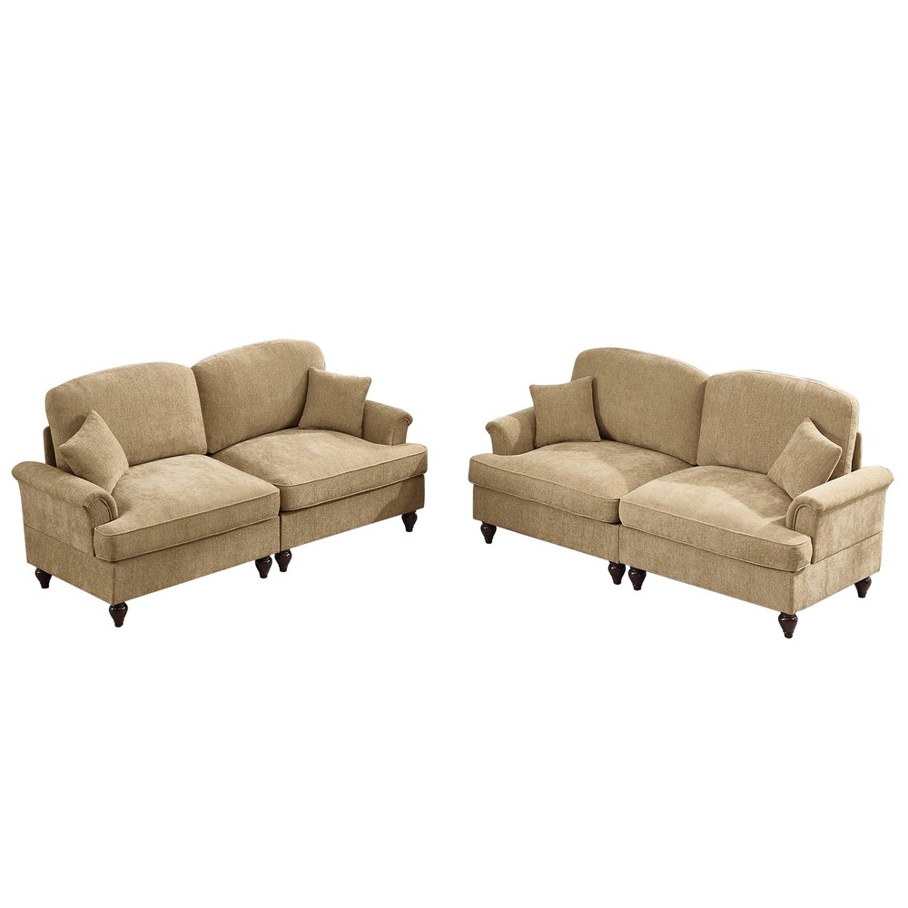 Modular 2-Piece Light Coffee Chenille Sofa Set w Flared Arms