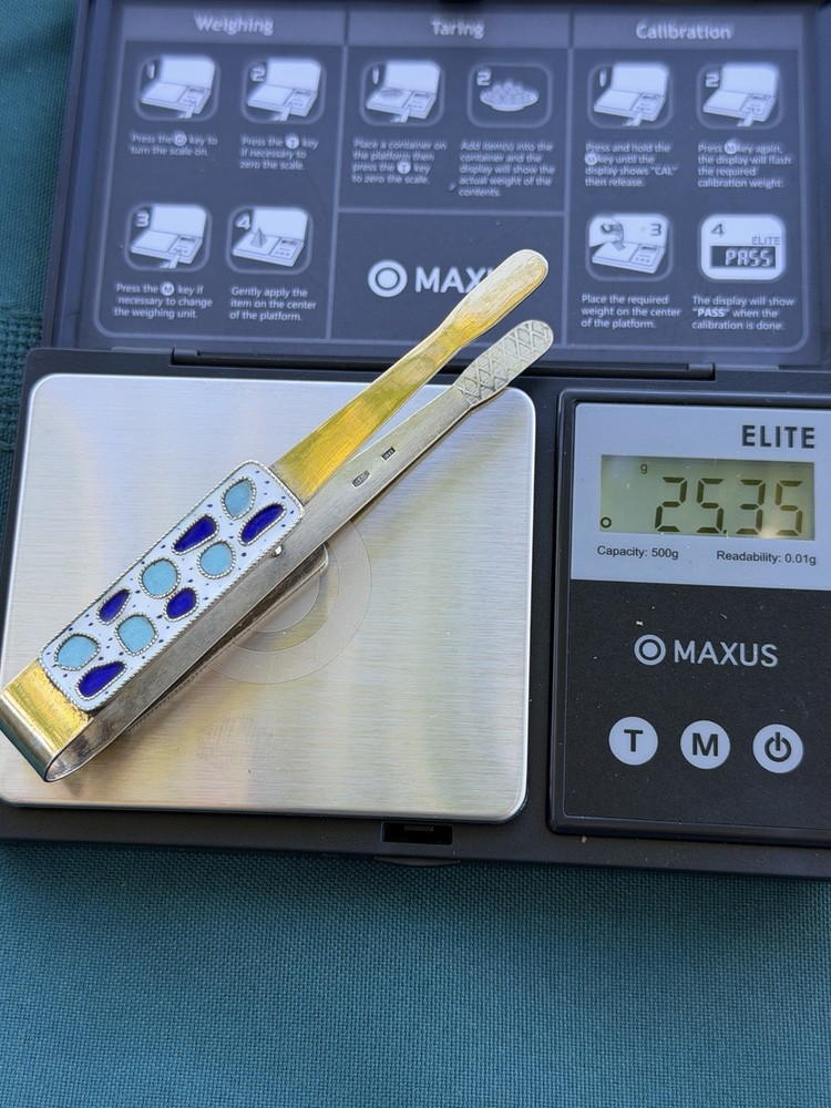 Soviet Russian .875 Gilt Enameled Silver Tongs
