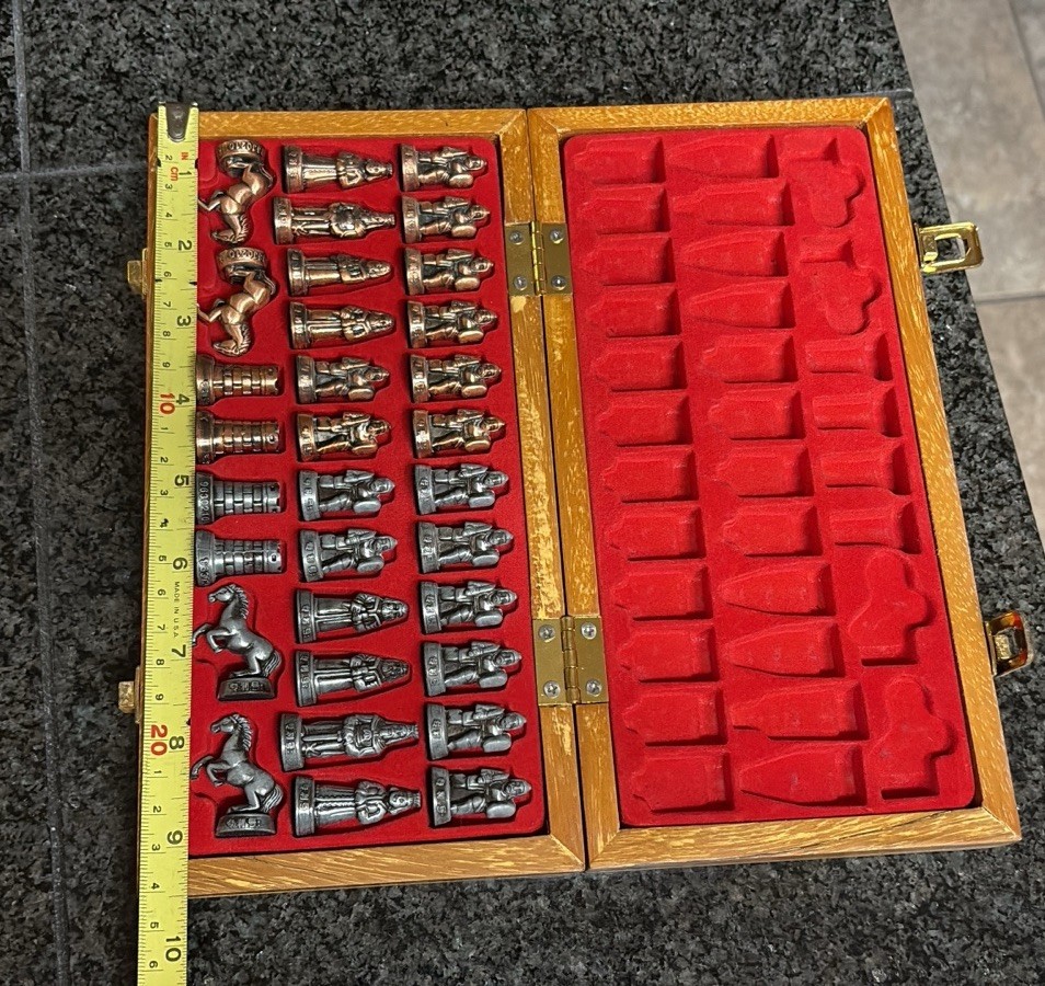 Chess Travel Hinged Wood Board Metal Bronze Silver Pieces Set Small Mini