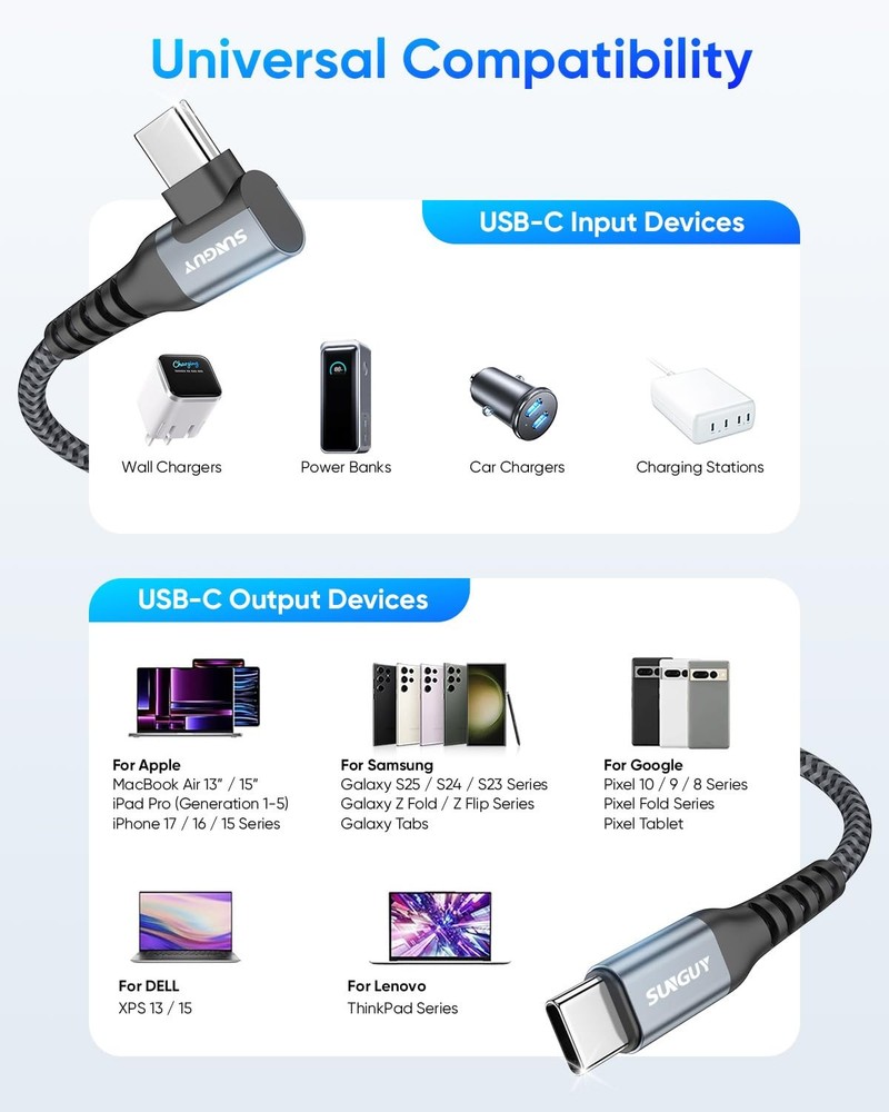 Right Angle USB C to C Cable 3FT [2Pack] 60W Fast Charging USBC 3FT, Grey