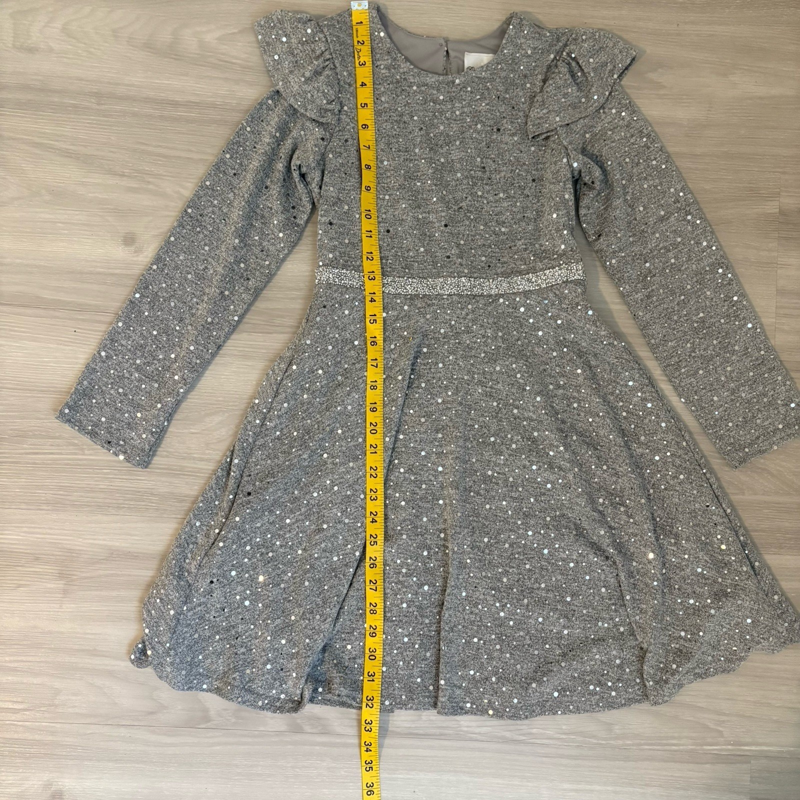 Rare Editions Girls Dress Gray Sequin Ruffle Long Sleeve Party Dress Size 14