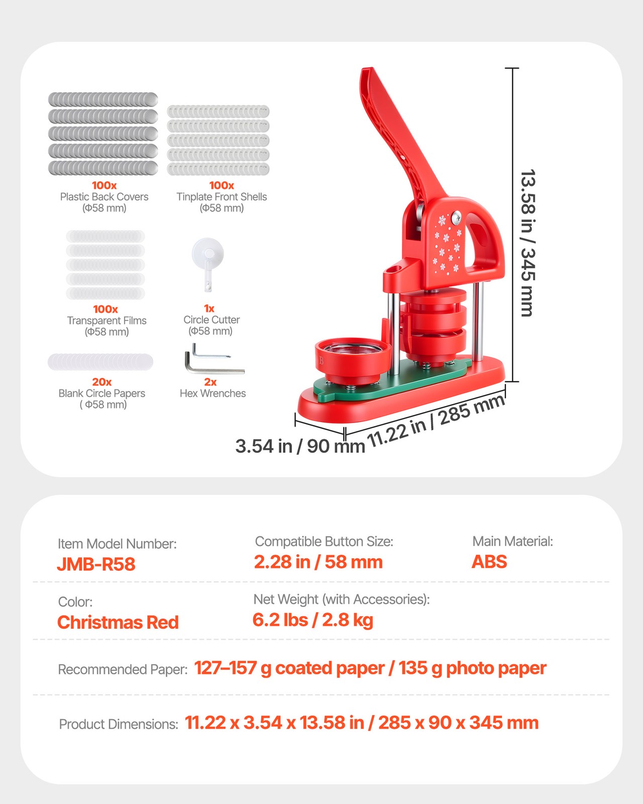 VEVOR Button Maker Machine Plastic Pin Maker 2.28 in 100pcs Button Parts Red