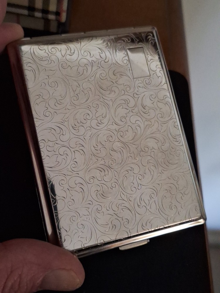 German Made Silver-Tone Etched Scroll Cigarette Case with Mirror
