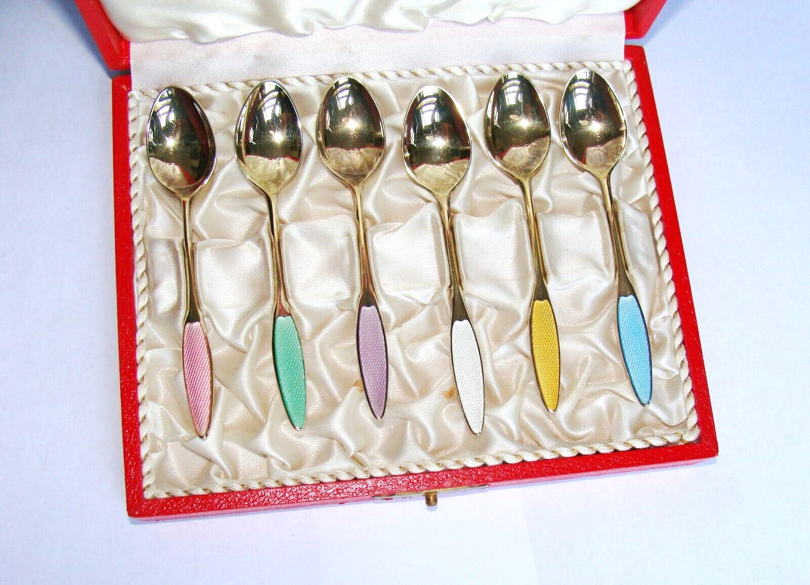 Frigast Denmark Box Set of 6 Sterling Silver Guilloche Enamel Demitasse Spoons