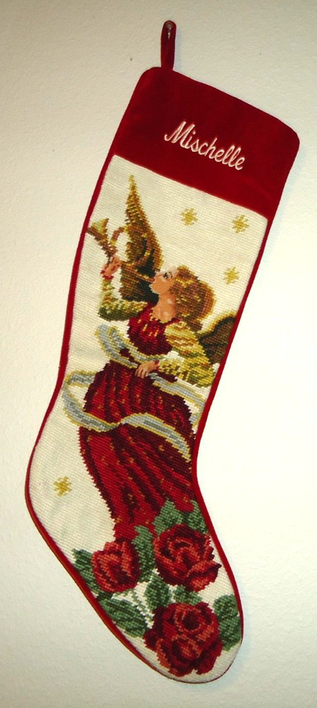 Needlepoint Xmas Stocking Monogram "MIshelle " Size-22 in