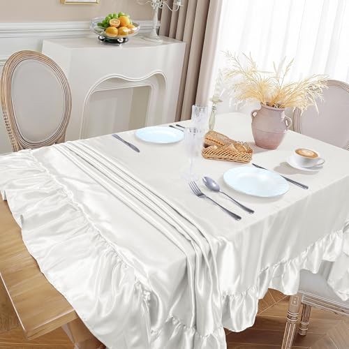 Satin Ruffle Edge Tablecloth - Satin Table 60" x 102" (Rectangular) White
