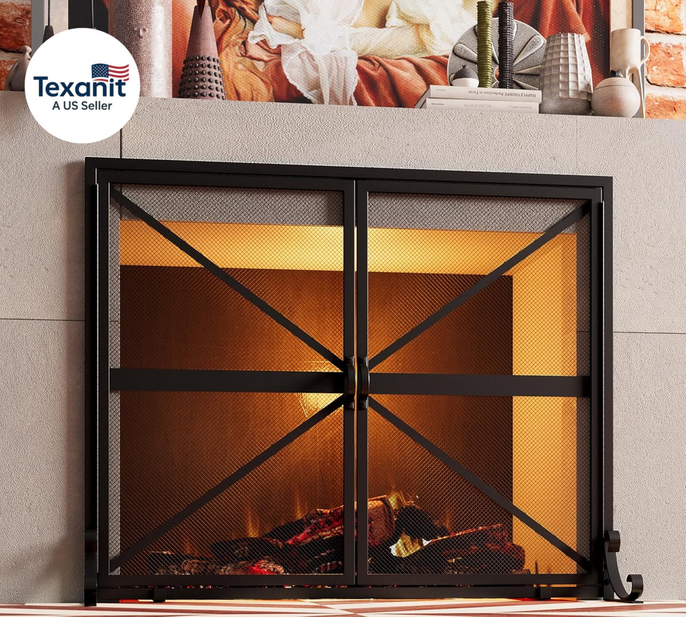 Fireplace Screen with Doors, 2-Pannel Handcrafted Solid Wrought Iron Decorative