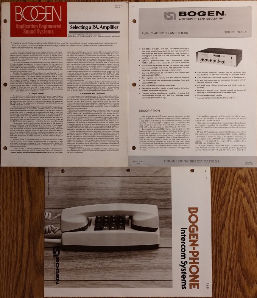 Bogen Selecting a PA amplifier, AESS-101 paper, Series CHS-A, Intercom brochures