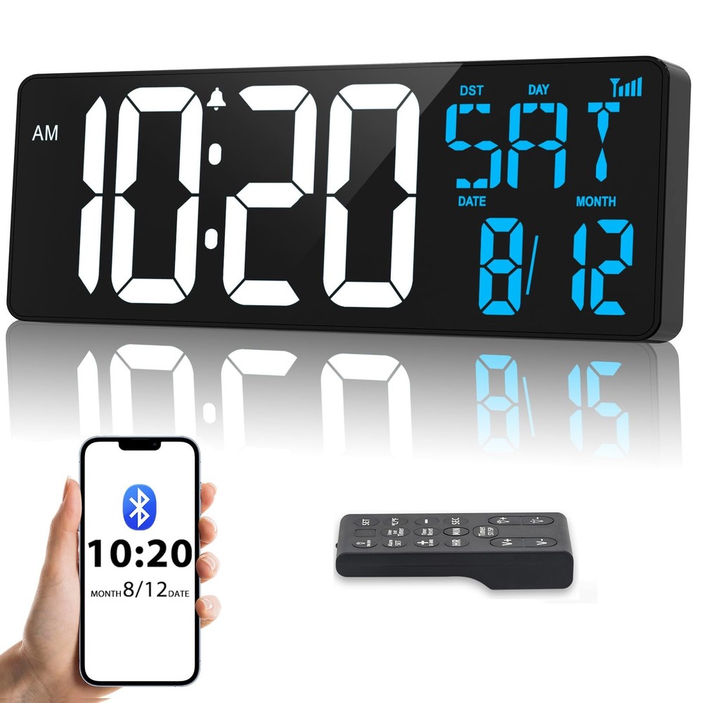 17-in Digital Wall Clock, Bluetooth Sync, Auto-Dimming, Remote, Date, Temp