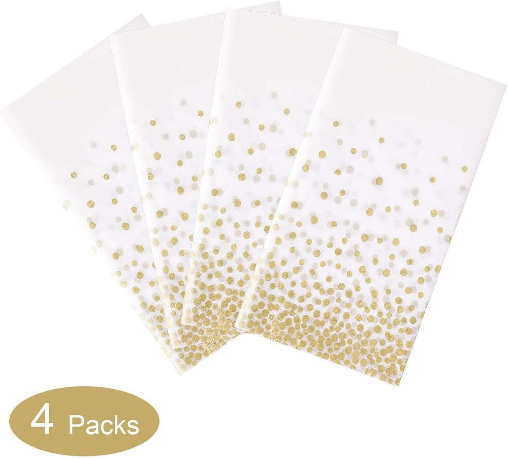 4 Pack White & Gold Dot Plastic Tablecloth Rectangle Tables(54" x 108"