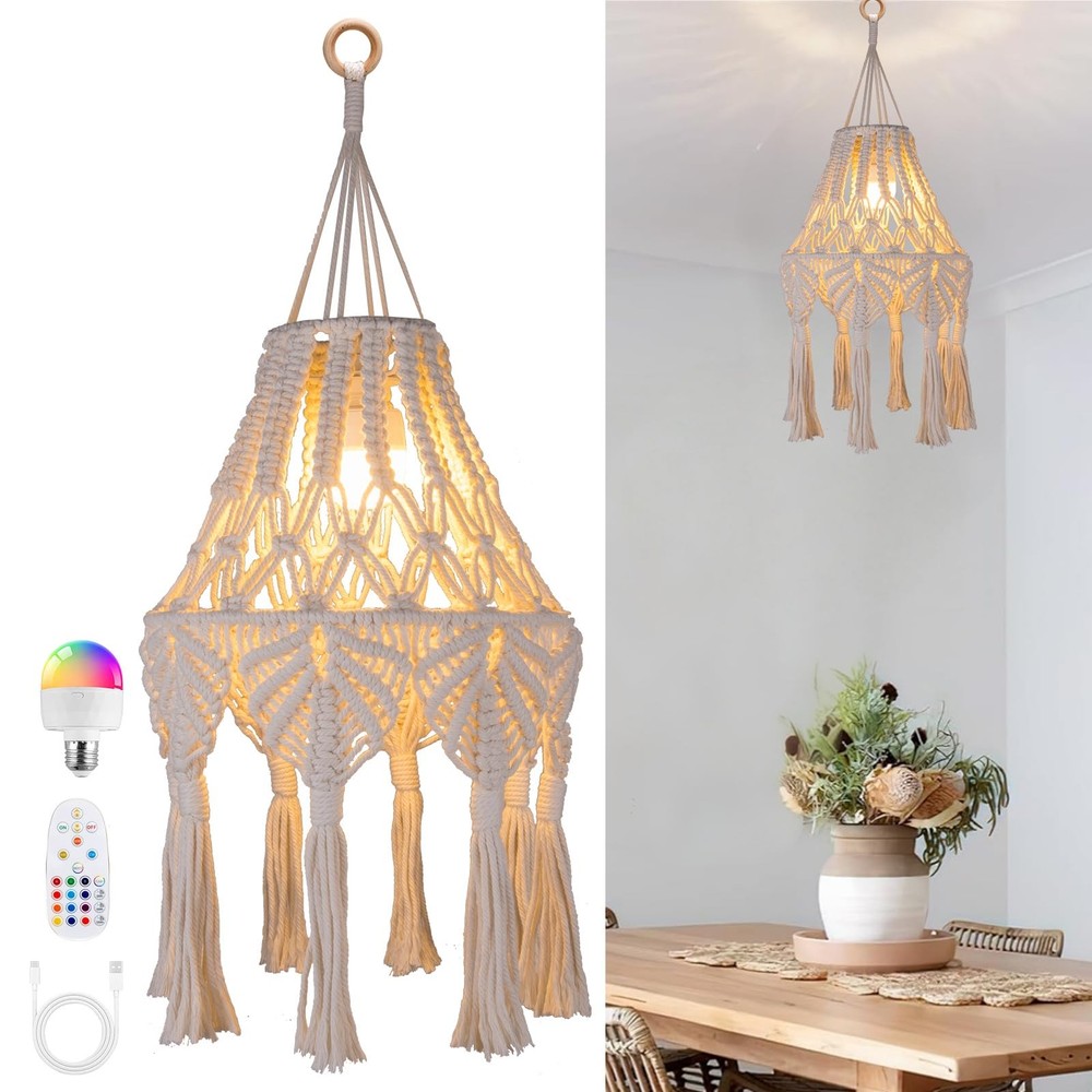 Boho Chic Macrame Pendant Lights with Tassels, Remote Control Dimmable Timer ...