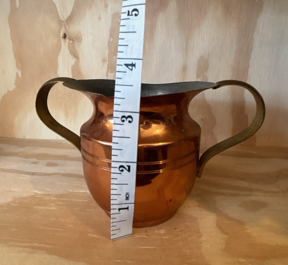 Vintage Solid Copper Creamer Pitchers Pair Brass Handles Rustic Farmhouse
