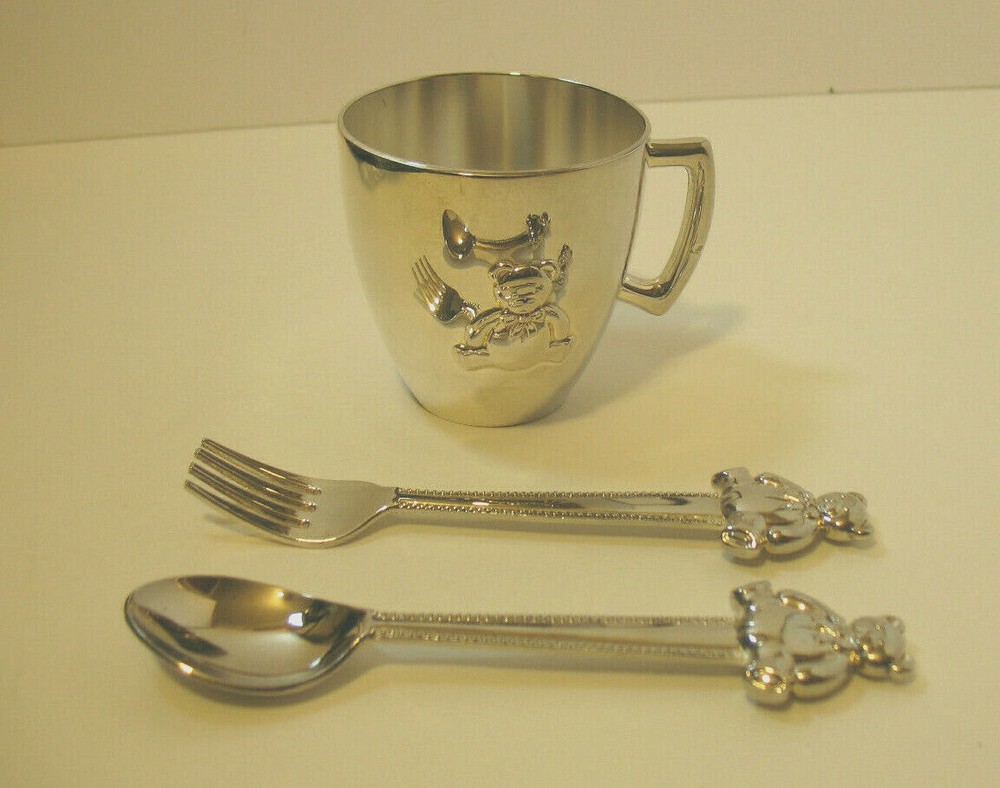 High Polished Silver Baby Bear Mug With Fork and Spoon,