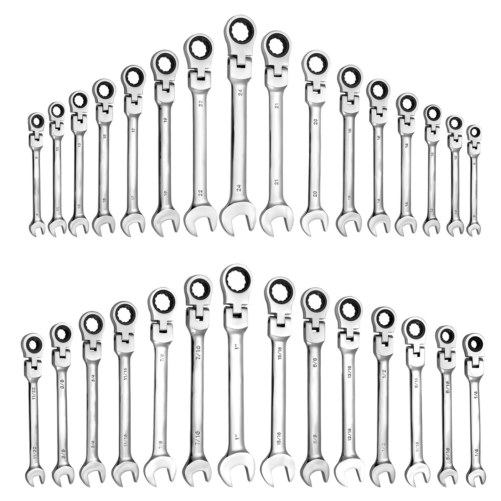 Uimoso 30-Piece Flex-Head Ratcheting Combination Wrench Set, SAE & Metric