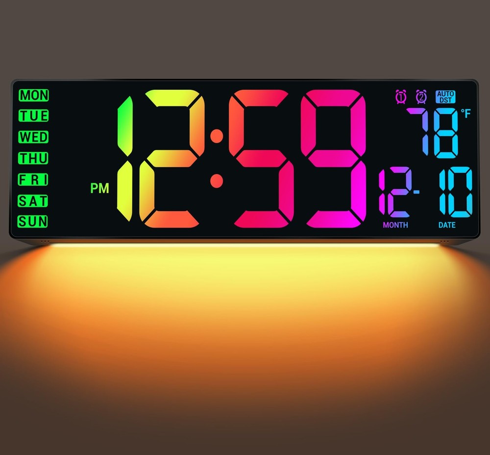 16.5" Large Digital Wall Clock with Remote Control, Auto-Dimming LED Display ...