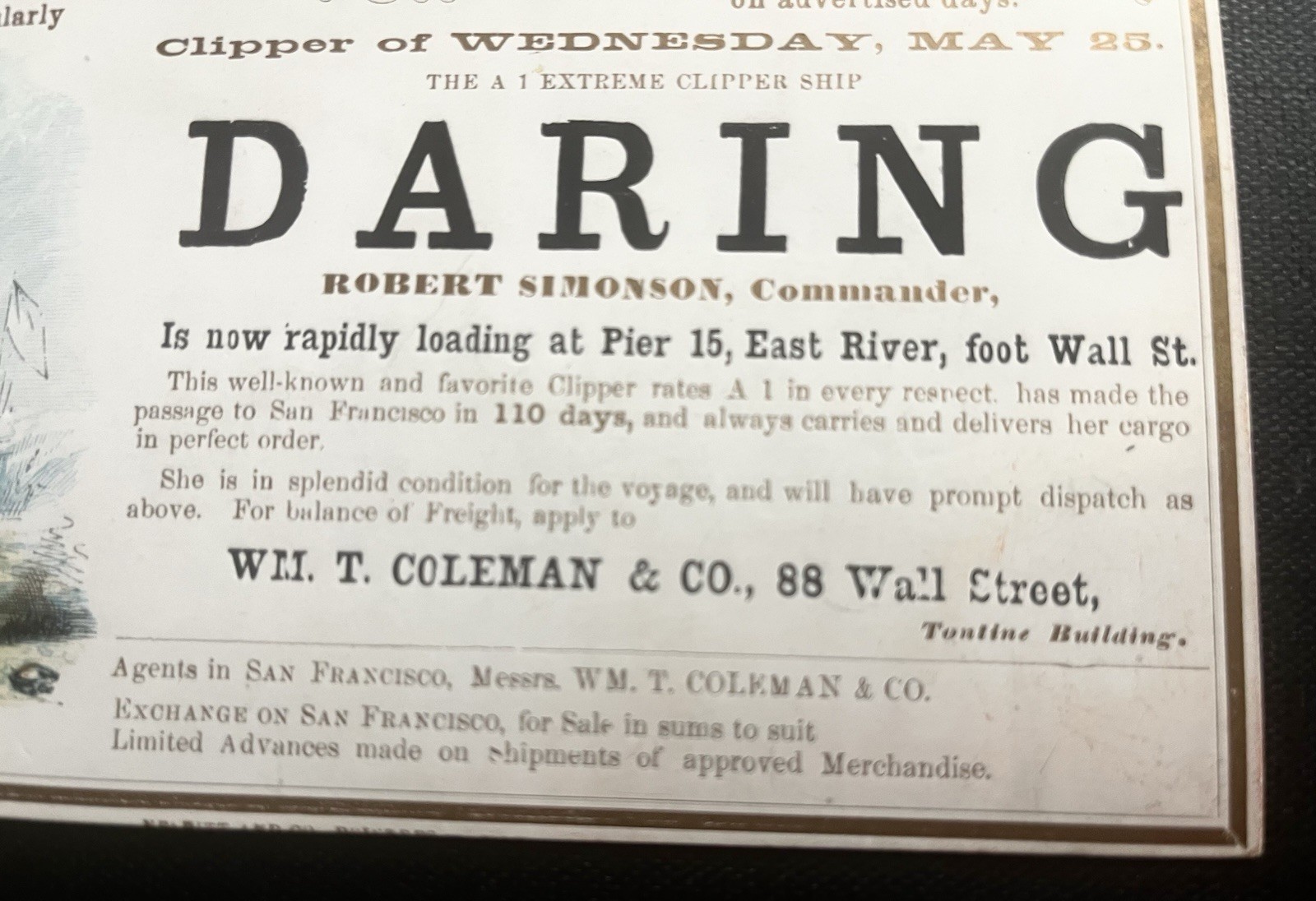 Clipper Ship Card Daring c. 1860 Coleman's California Line San For Francisco