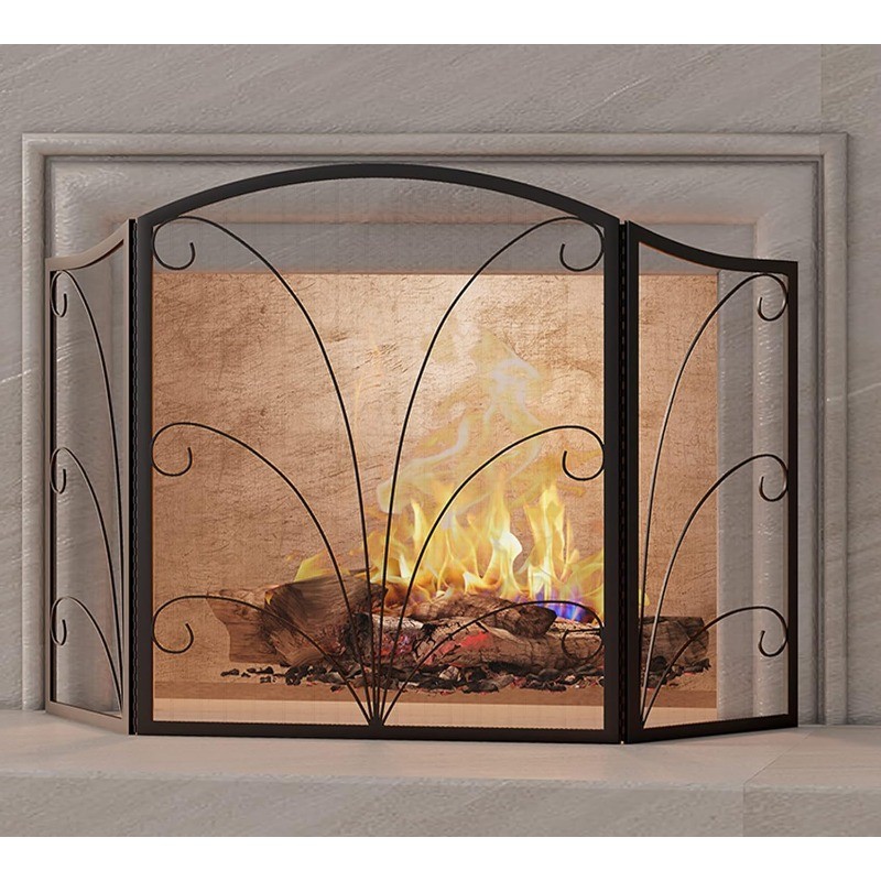 Arched Fireplace Screen Decorative, Handcrafted Scroll Wrought Iron Fireplace