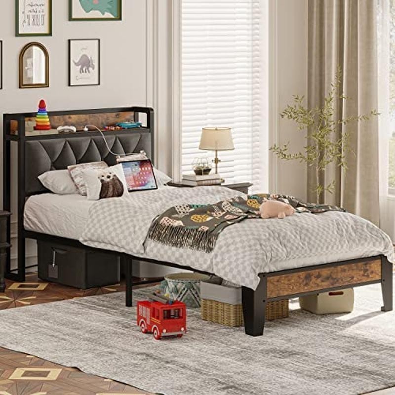 Bed Frame Twin W/ Storage Headboard & USB Outlets Stable Support Easy Assembly