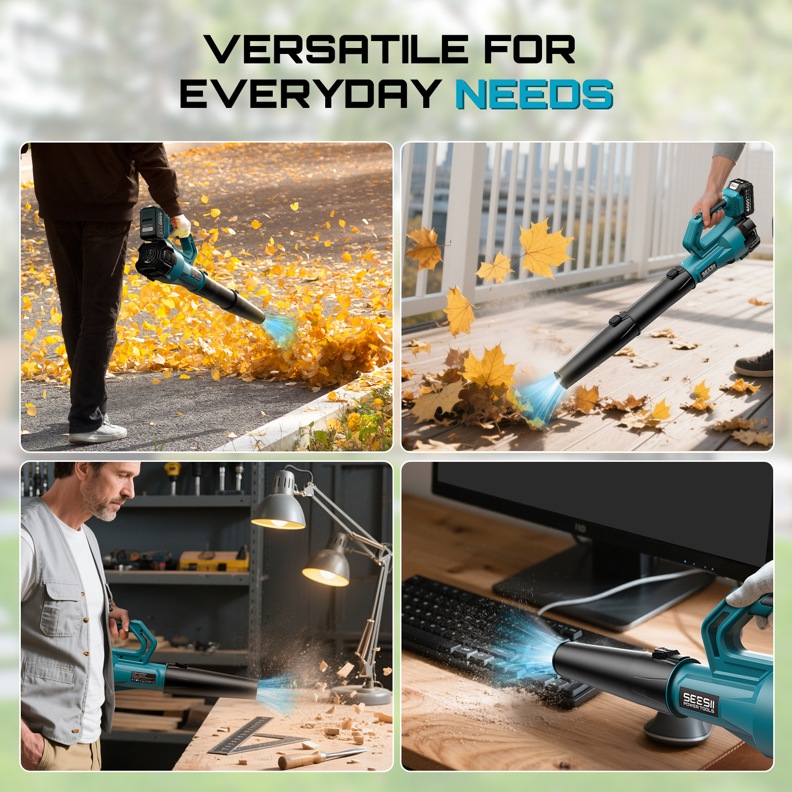 Seesii Cordless Leaf Blower Brushless 780CFM Electric Airblower 2x4.0 Ah Battery