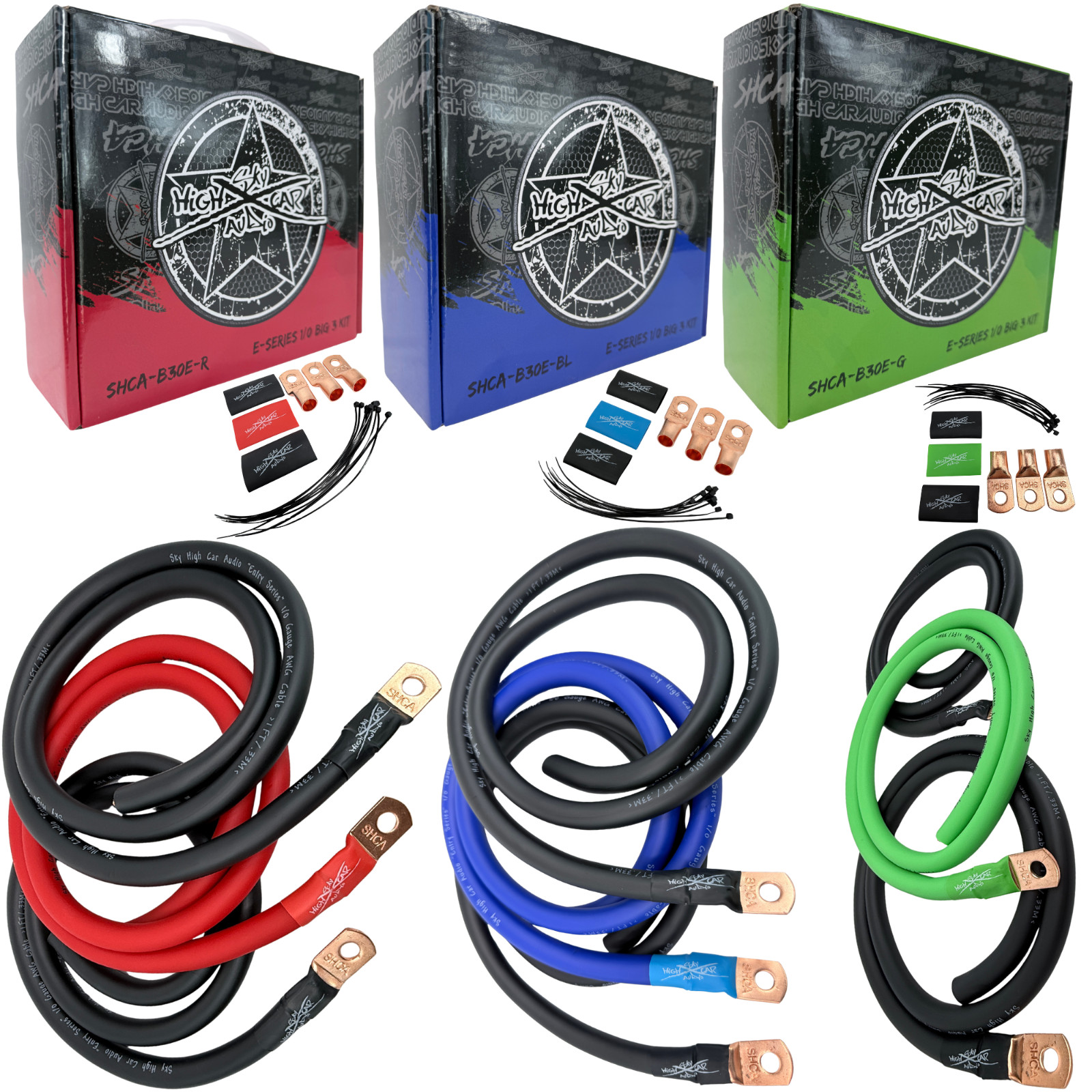 1/0 Gauge Big 3 Upgrade Kit CCA Sky High Car Audio Alternator Red Blue Green
