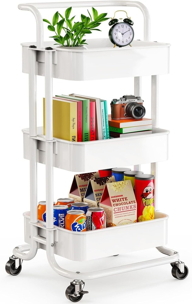 Adjustable 3 Tier Utility Cart with Handle, Lockable Wheels