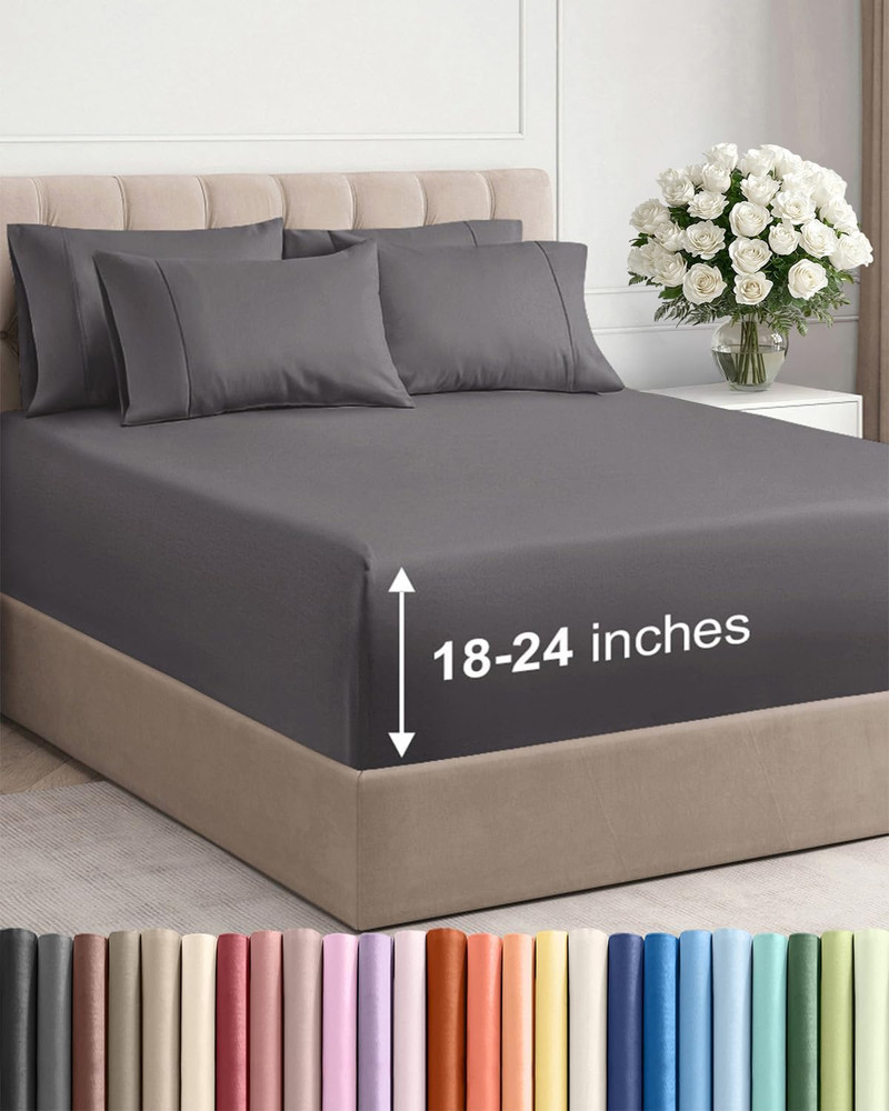 Extra Deep Queen Sheet Set - 6 Piece Cooling Luxury Bedding - Grey