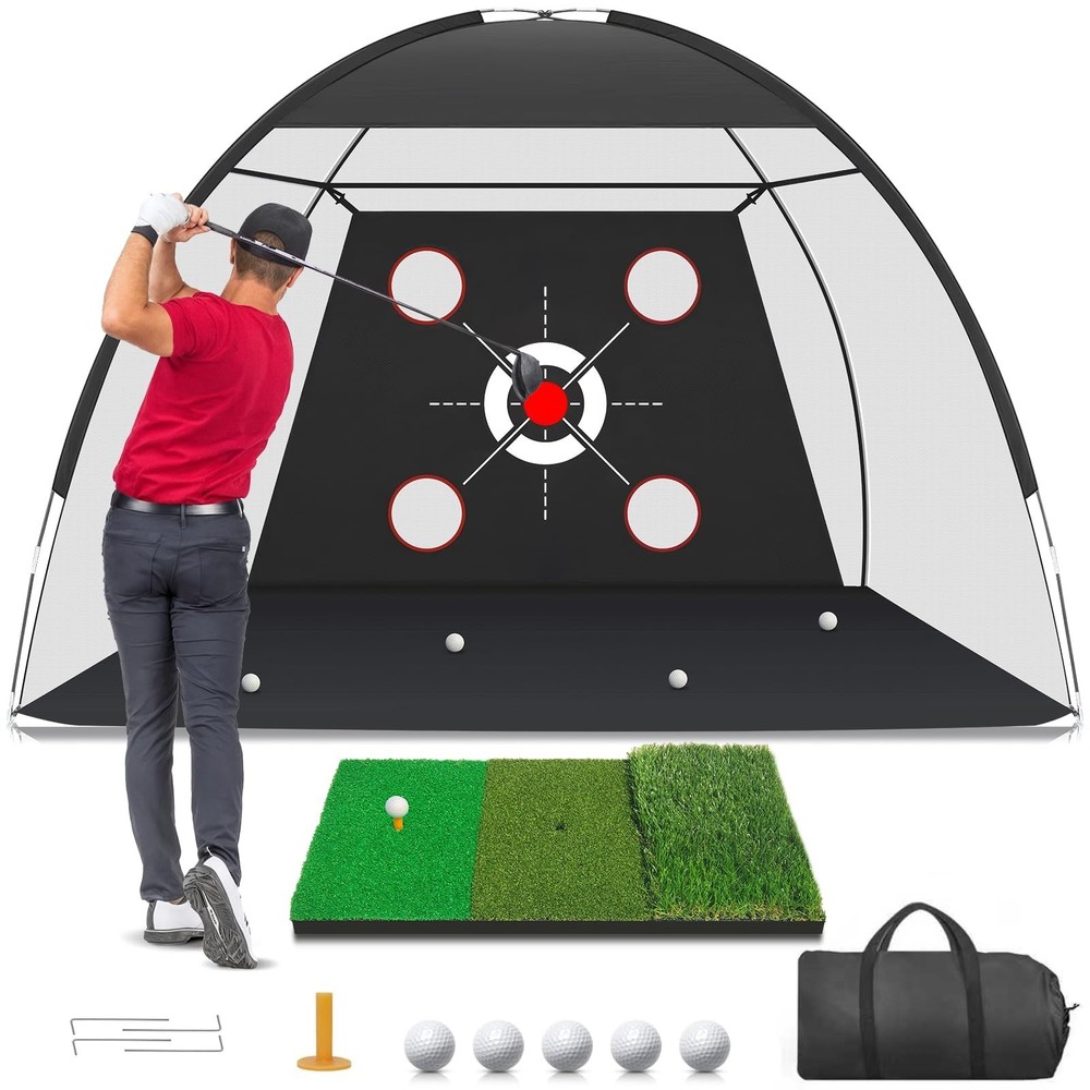 10x7FT Golf Net with Practice Mat - Hitting Aid for Backyard Training, Indoor/Ou