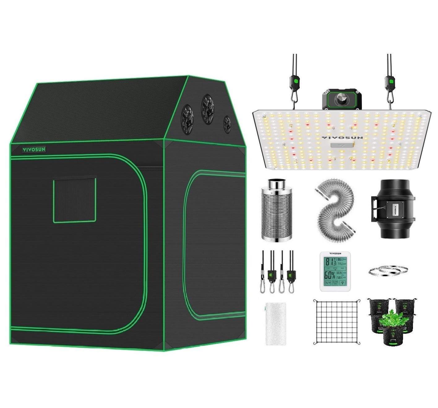 VIVOSUN 5x5FT Complete Roof Grow Tent kit & 100W Grow Light 6" Air Filter Fan