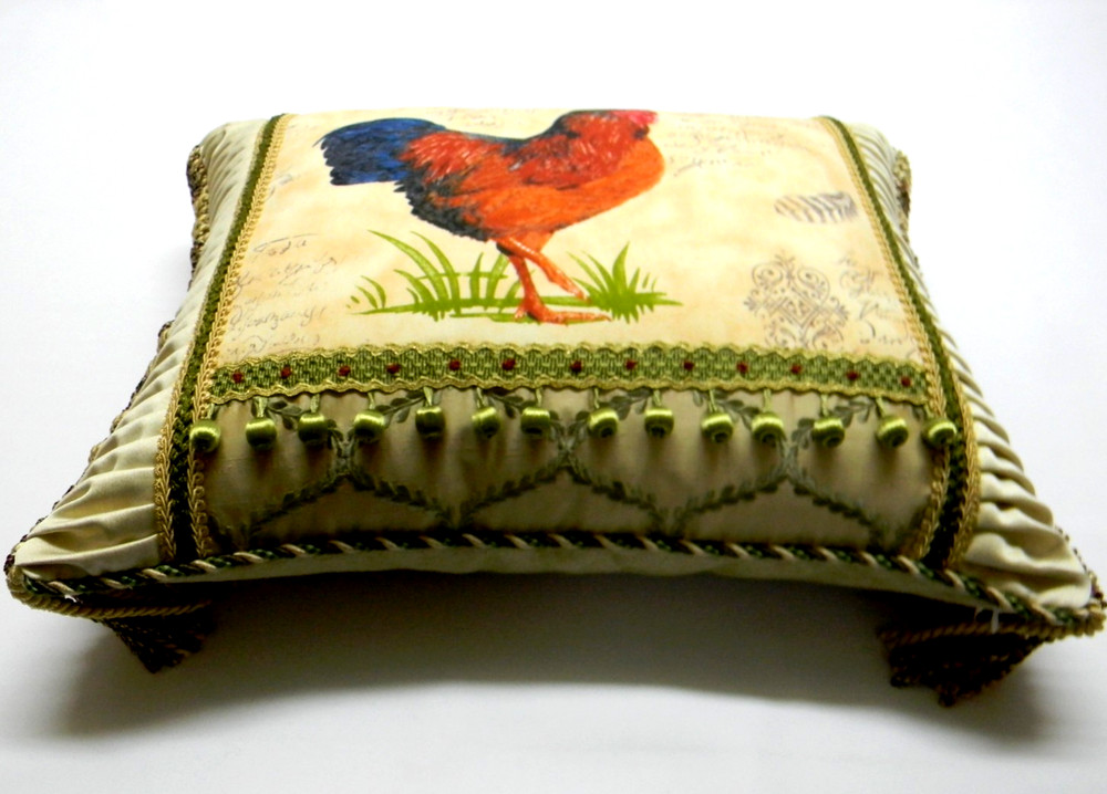 French Script & Rooster, Designer accent Pillow W/ insert
