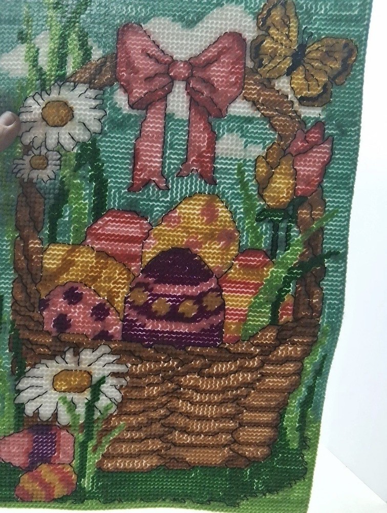 Easter Springtime Surprise Wall Hanging Plastic Canvas Needlepoint Finished Done