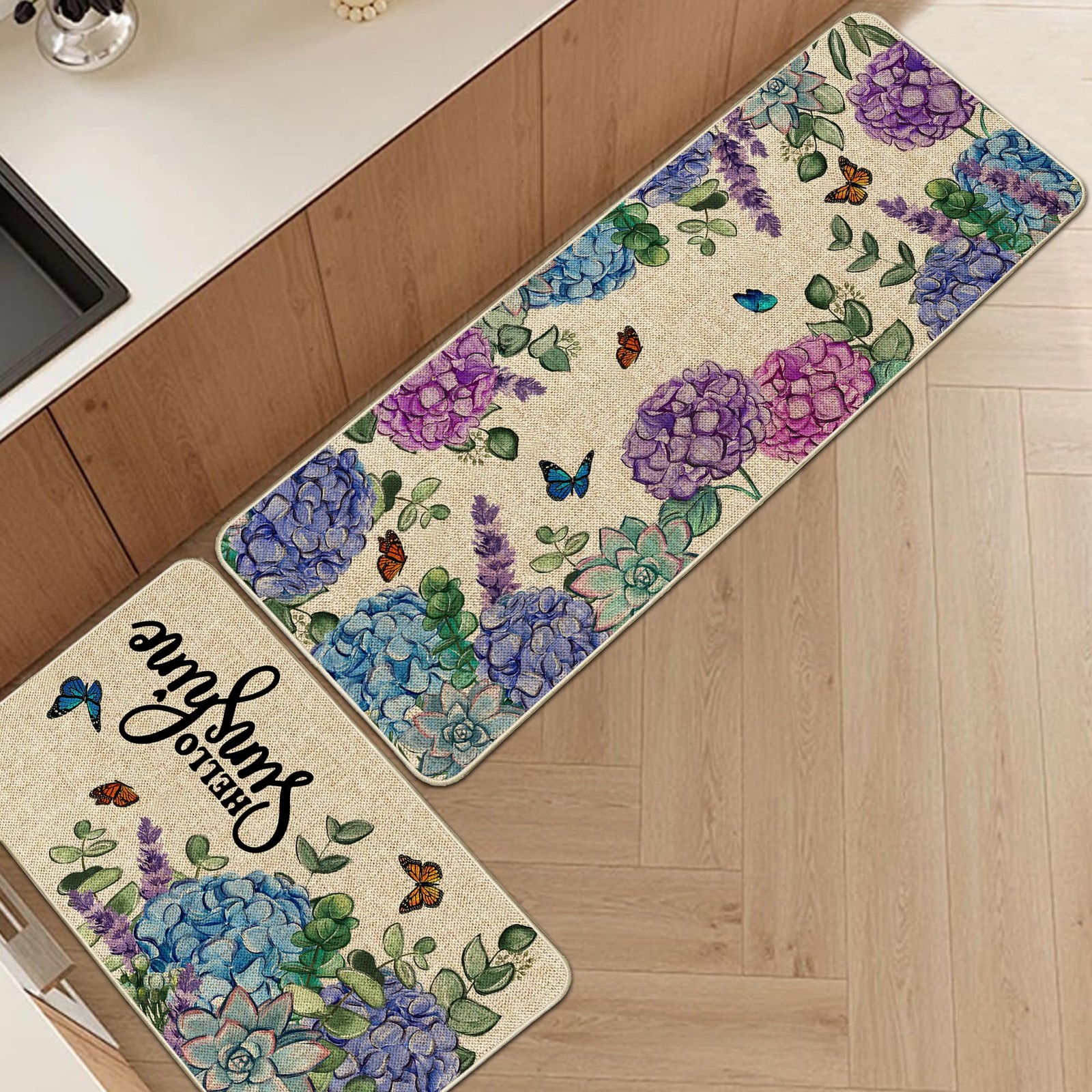Best Spring Kitchen Rug and Mat Set of 2 Hydrangea Flowers Floor Non Slip Rubber