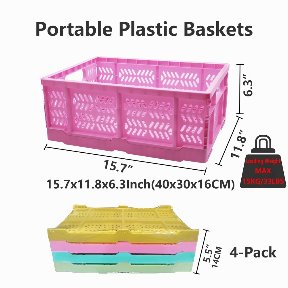 PTEREIW 20L Folding Crate, 4Pack Plastic Storage Baskets MIX COLOR-4PACK