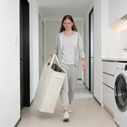 Zero Jet Long Laundry Basket with Handles Slim Foldable 45L Beige
