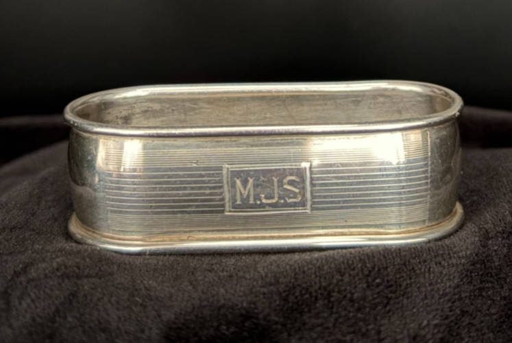 Webster Co Sterling Silver Napkin Ring Art Deco Engine Turned Monogram MJS