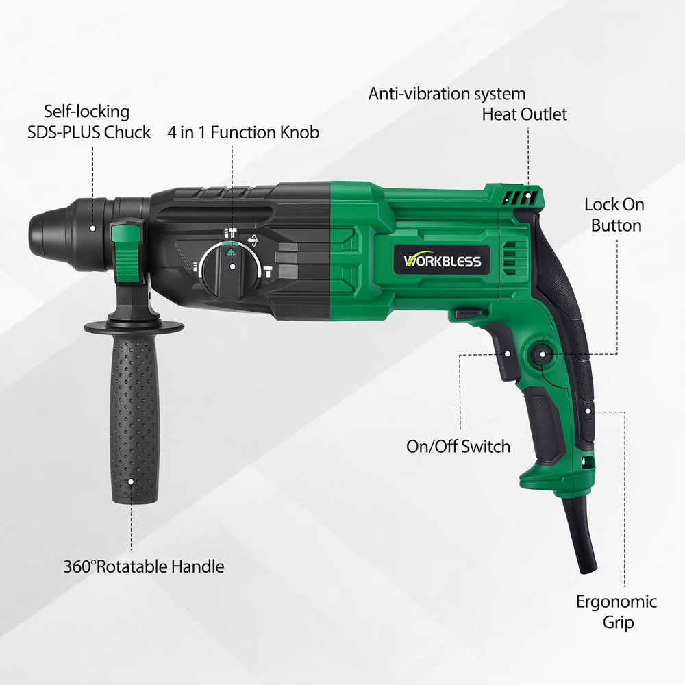 1 Inch Sds-Plus Rotary Hammer Drill, 8Amp, 3.0J 4 Functions Variable Speed Hamme